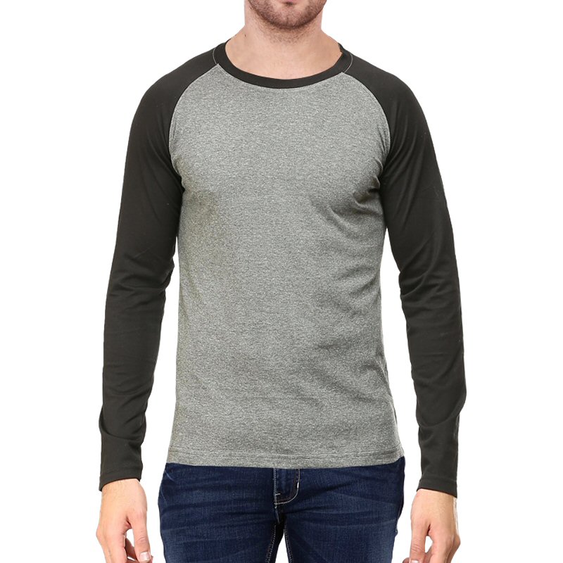 Black + Charcoal Melange Plain Raglan Full Sleeve T-shirt image