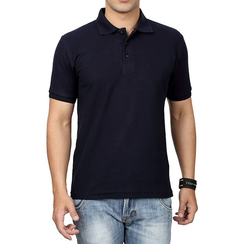 Navy Blue Unisex Plain Cotton Collar Polo T-shirt image