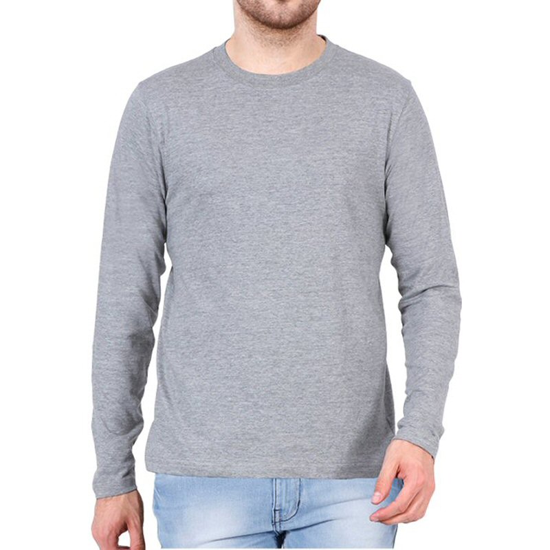 Grey Melange Plain Full Sleeve Round Neck T-shirt