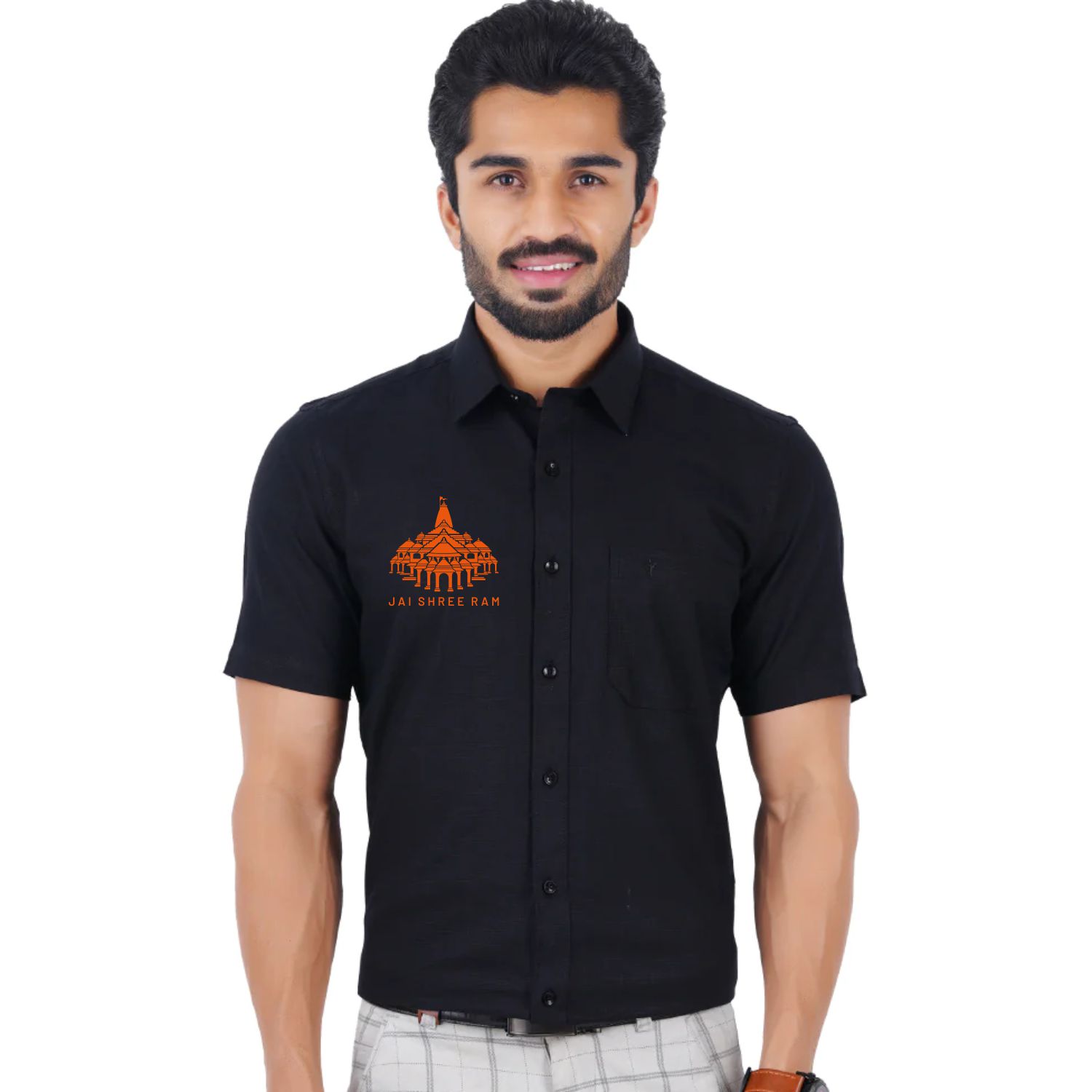 Ram Mandir Logo Printed Half Sleeve Black Shirt | Xtees